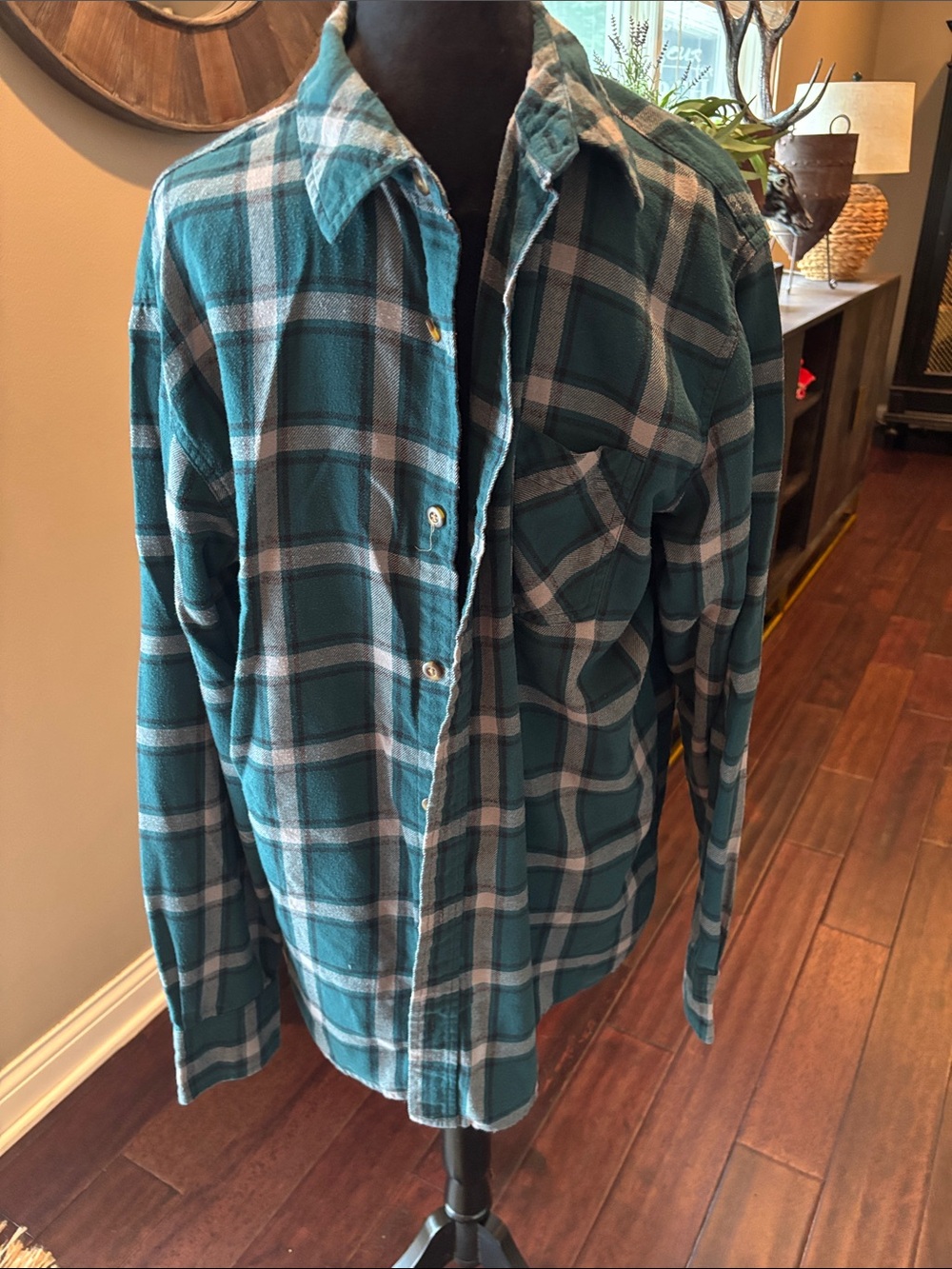 Men's Teal and White Plaid Button-Down Shirt